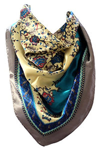 Ethnic Floral Print Silk Satin Bordered Bandana Square Neck Scarf / Head Scarves