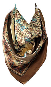 Ethnic Floral Print Silk Satin Bordered Bandana Square Neck Scarf / Head Scarves