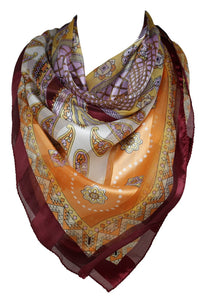 Self Embossed Striped Paisley and Floral Bordered Silk Satin Square Bandana Neck Scarf / Head Scarves / Neckerchief / Hair Tie