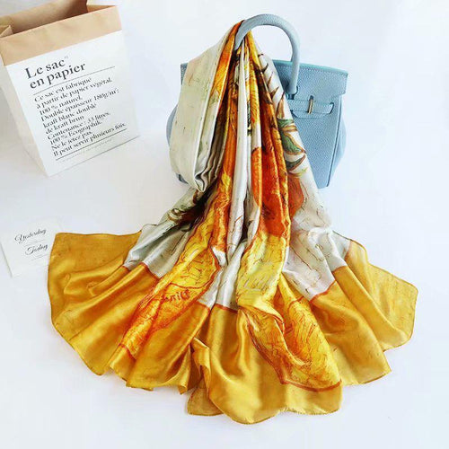 Large Silk Women Scarf, Sunflower Print Summer Silky Feel Head Wrap Shawl, Light Weight Fashion Neck Scarves for Ladies